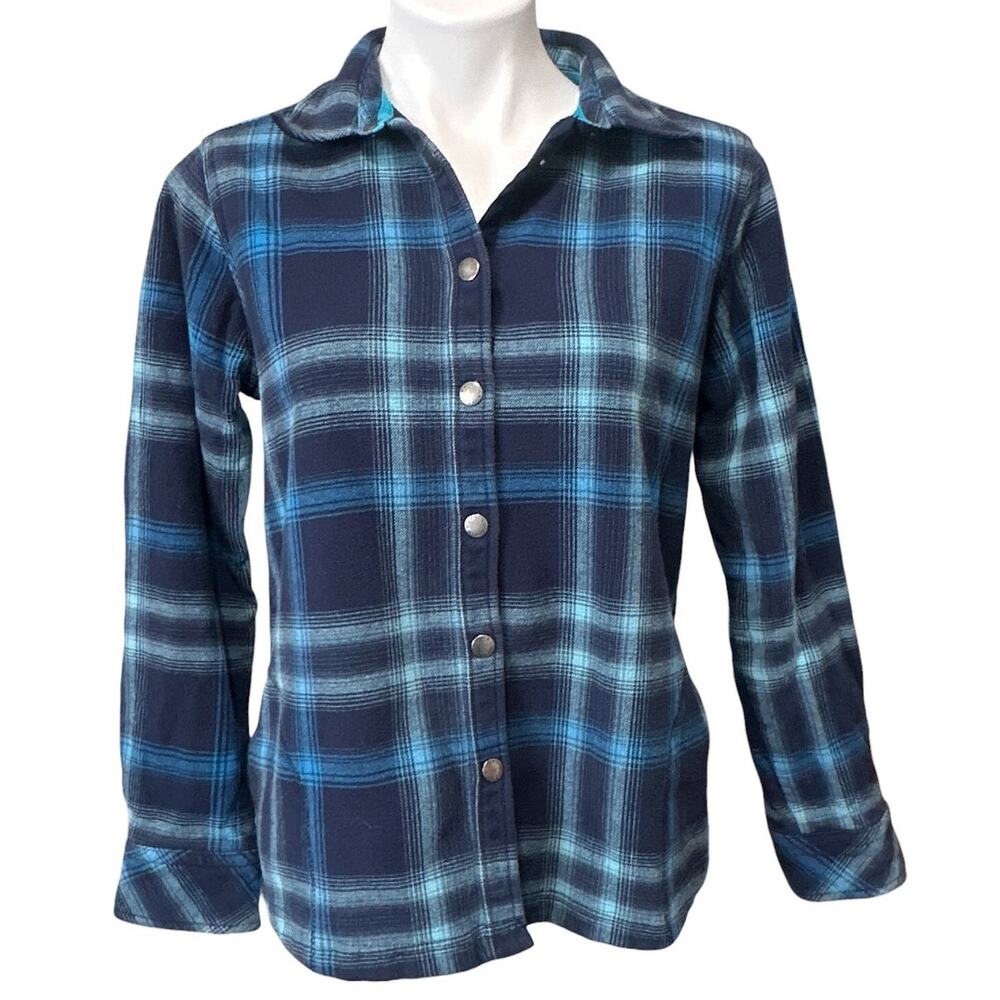 Orvis Pinnacle Flannel Shacket Women's Navy Blue Plaid Fleece Lined Size M